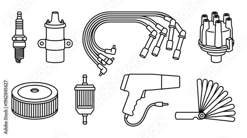 Set of car repair ignition and fuel system parts, line art icons on transparent background