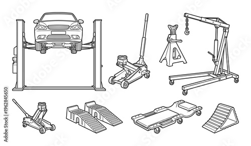 Set of car service garage equipment isolated on transparency background vector illustration in outline style
