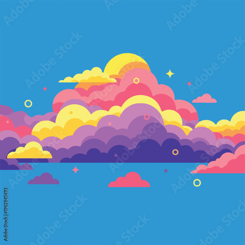 Pixelated artwork depicts stylized clouds in shades of blue, purple, and yellow