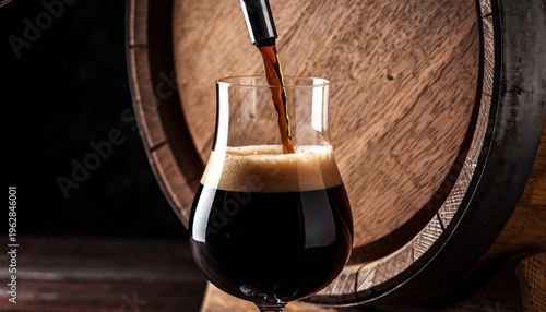 Dark beer pouring into glass creating thick foam beside wooden barrel