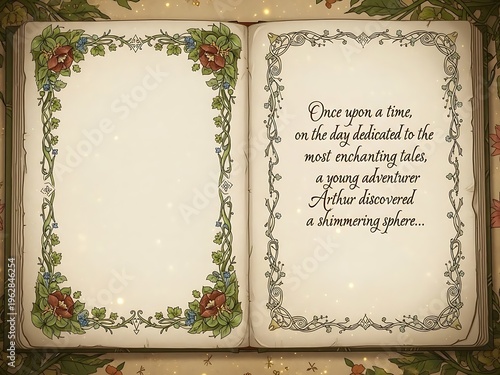 Open vintage book with decorative floral frames and handwritten text