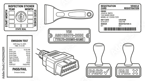 Vehicle inspection documents and emission test results icons set in hand drawn vintage sketch style