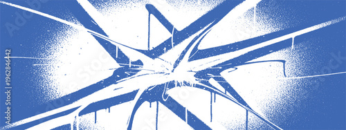 Blue abstract starburst pattern with white spray paint drips, energetic graphic element on white background, street art