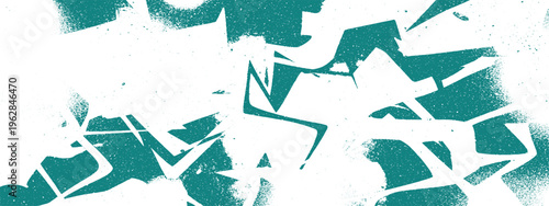 Abstract teal and white graphic illustration of figures in motion, rough textured style, dynamic action, modern energetic design, abstract art