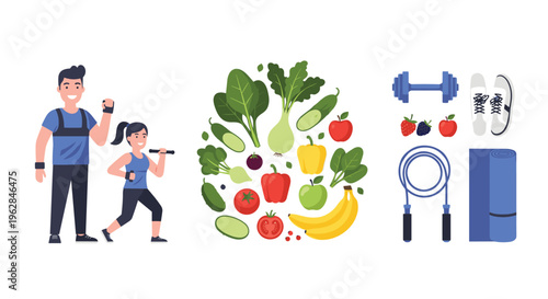 A man and a girl in sports clothes stand next to a cluster of vegetables and fitness gear on a white background.