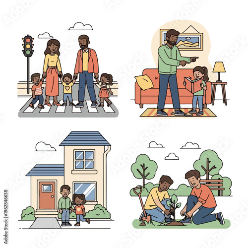 Illustrations showing family and friends doing everyday activities