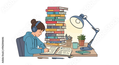 A girl wearing headphones sits at a desk writing in a notebook next to a very tall stack of books and a lamp.