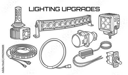 Vehicle lighting upgrades set LED headlights fog lights light bar and switch drawing