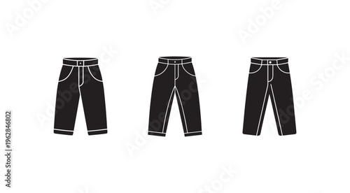 Three black jeans with white outlines  front and side views  isolated on white background