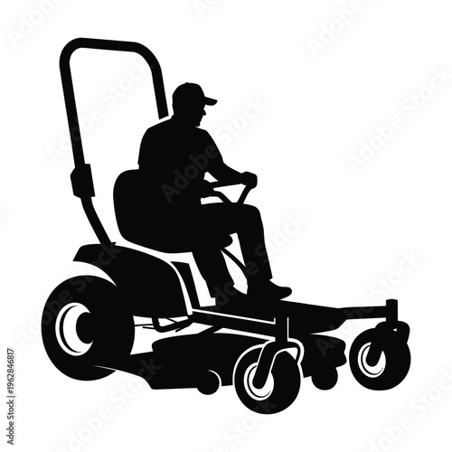 Silhouette of a Man Operating a Professional Zero Turn Riding Lawn Mower