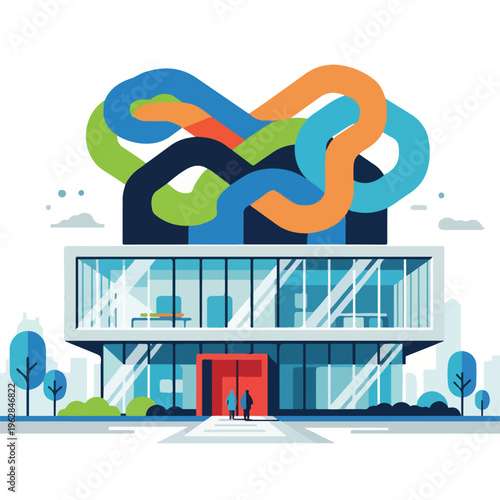 Modern architectural illustration featuring a building with interwoven shapes above