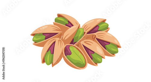 A heap of roasted pistachio nuts with cracked beige shells and vibrant green centers is piled together in the center of a white frame.