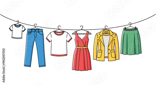 Various colorful garments including a red dress and yellow blazer hang on black hangers from a single clothesline against a white background.