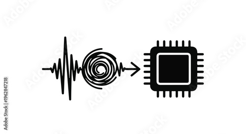 A visual representation of a sound wave transforming into a chaotic spiral before becoming a structured microchip, illustrating data processing and signal conversion.