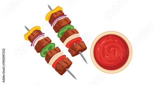 Two colorful vegetable and meat kebabs on metal skewers are positioned diagonally beside a small bowl of red dipping sauce on a white background.
