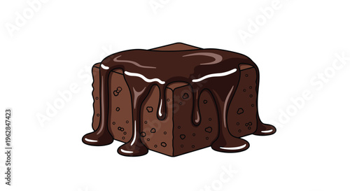 A single square chocolate brownie with thick dark chocolate sauce dripping down its sides is isolated on a white background.