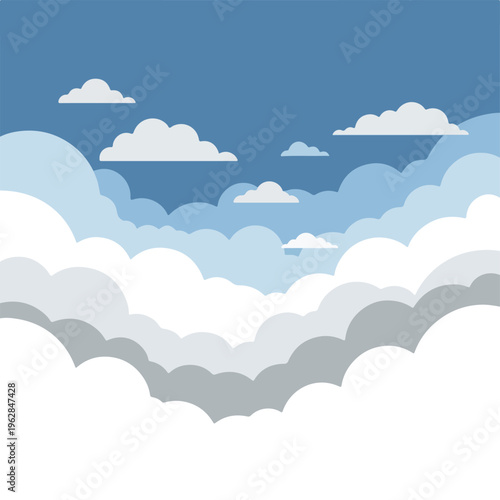 Stylized graphic depicts a bright blue sky filled with fluffy white clouds