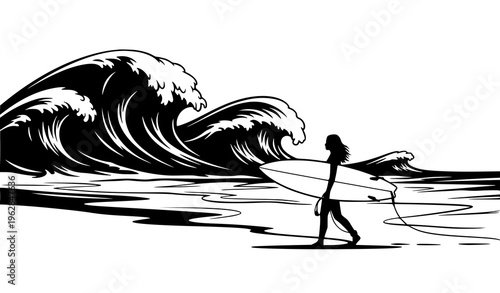 Surfing girl walking with surfboard big wave silhouette beach vector illustration isolated on white