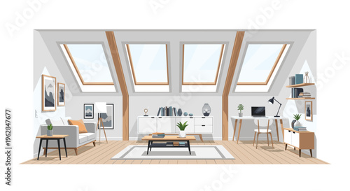 A modern attic room with four skylights and wooden beams contains a gray sofa a white desk and various indoor plants.