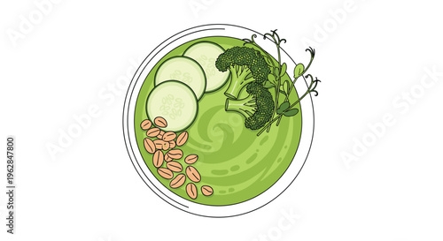 A top down view of a white bowl containing green vegetable soup garnished with cucumber slices broccoli and seeds.