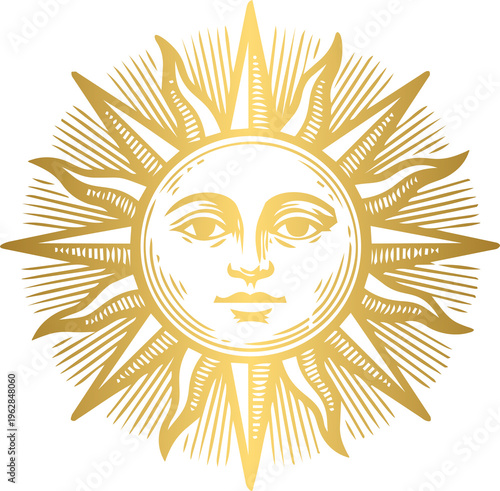Принти на полотні Golden celestial sun with radiant rays mystical solar star