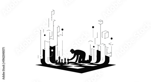 Focused individual hunches over a stylized chessboard, thoughtfully strategizing amidst a backdrop of abstract geometric towers, symbolizing complex decision-making and intricate business challenges.