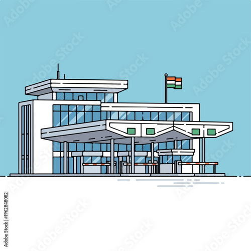 Modern architectural illustration of a building with a flag and barriers