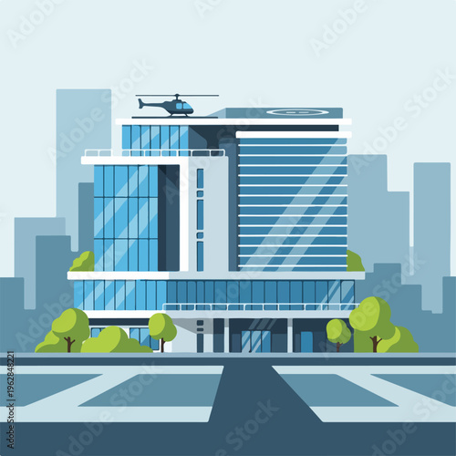Modern architectural illustration of a building with a helicopter