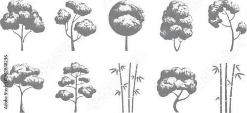 Collection of stylized gray trees and bamboo stalks with textured foliage and branches on a white background