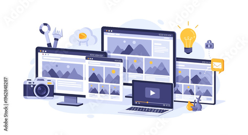 Multiple Computer Screens and Electronic Devices.