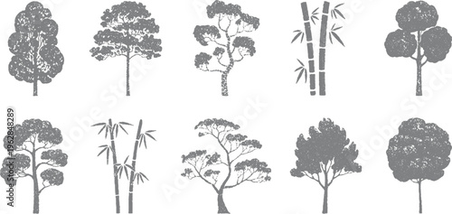 Collection of five distinct grey tree silhouettes and two bamboo stalk arranged in two rows on a white background