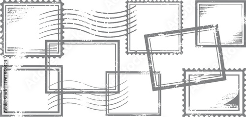 Scattered grey postage stamps with torn edges and wavy lines on white background