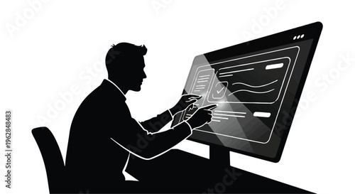 Businessman silhouette interacting with a large, glowing touchscreen monitor displaying complex data and user interface elements, symbolizing modern technology integration in professional work.