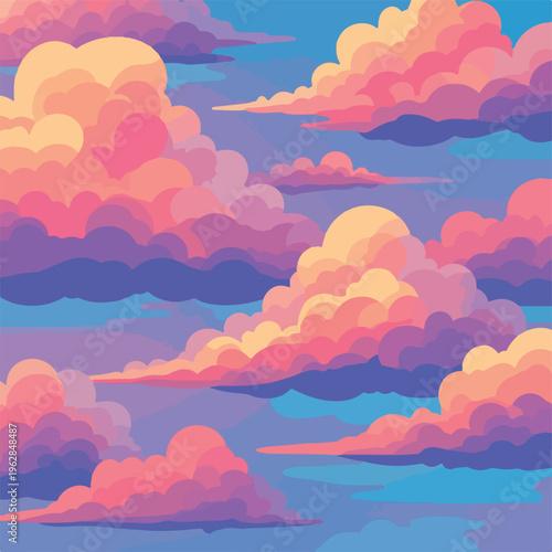 Pixelated artwork showing multiple fluffy clouds in warm pink and purple tones