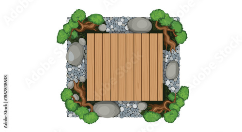 A top-down view of a square wooden deck surrounded by grey pebbles and green bonsai trees on a white background.