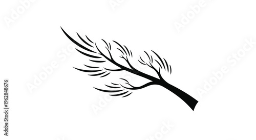 Branch with slender leaves blowing dynamically in a strong wind, depicted as a minimalist black silhouette illustration against a pristine white background, conveying natural movement.
