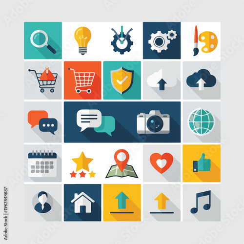 Flat style icons of business, communication, and digital concepts on blocks