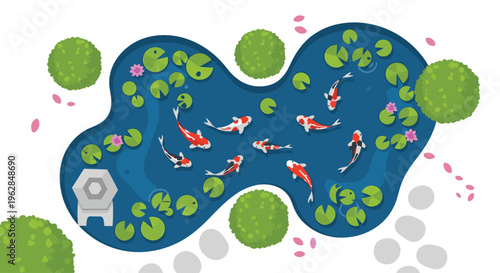 A top-down vector illustration of a blue koi pond with fish and lily pads surrounded by bushes on a white background.