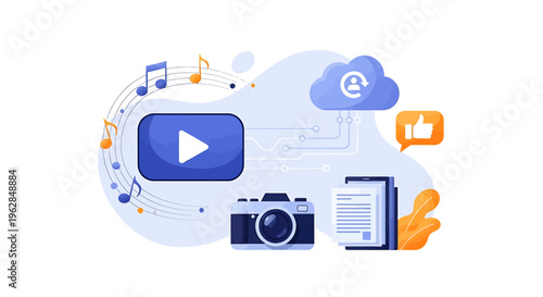 Multimedia icons representing video and photography.