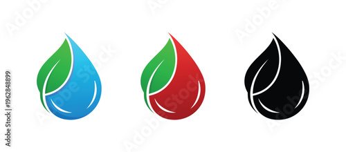 Water drop icons in blue red and black colors with green leaf element simple vector illustration for environment water conservation and nature design