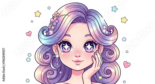 Whimsical cartoon girl with pastel purple hair and stars in her eyes smiling sweetly with hand on cheek surrounded by colorful hearts and bubbles on white background