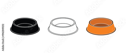 Pet bowl icons in black white and orange colors simple vector illustration for dog cat feeding and animal supplies