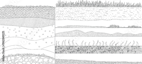 Cross section of soil layers with varied textures and grass ground