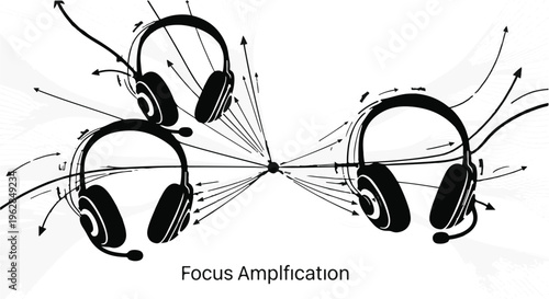 Three black headphones with microphones are depicted radiating outward from a central point, illustrating a concept of amplified focus and communication across multiple individuals.