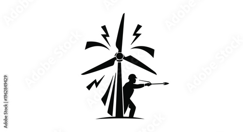 Wind turbine technician performing maintenance on a power generator isolated on a white background for energy sector industry presentations and clean technology advertising or corporate website.