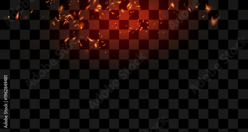 Burning Flame Fiery Sparkles Background. Isolated Fire, Red Yellow Orange Sparks, Smoke. Realistic Energy Glow. Hot Blazing Glow Flashes. Realistic Fire Image on Black.