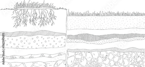 Cross section of soil layers showing grass roots and different soil textures and rock formations
