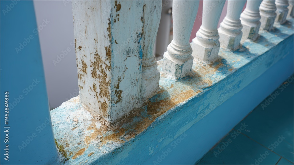 Fototapeta premium バルコニーの手すりは明るい色で磨耗を示しています