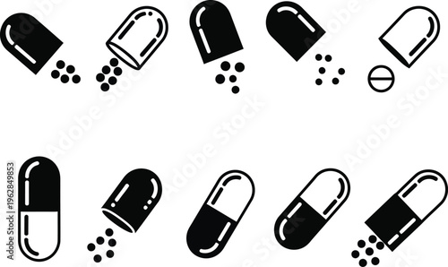 Black and white illustration of various capsules and pills spilling contents