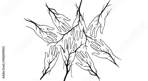 Interconnected hands, drawn with organic root-like structures on a stark white background, symbolize profound unity, strong social bonds, collaboration, and mutual support within a diverse group.